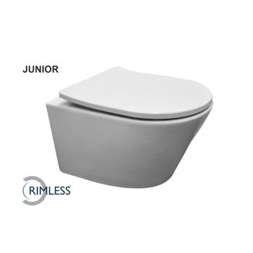 Wiesbaden Vesta junior wandcloset rimless verkort met Shade slim toiletzitting softclose en quick release glans wit