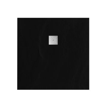 Tapo Relievo Crag douchebak 100x100 cm mat zwart met geborsteld RVS afvoerrooster