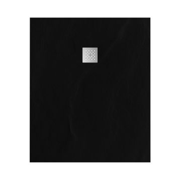 Tapo Relievo Crag douchebak 100x120 cm mat zwart met geborsteld RVS afvoerrooster