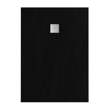 Tapo Relievo Crag douchebak 100x140 cm mat zwart met geborsteld RVS afvoerrooster