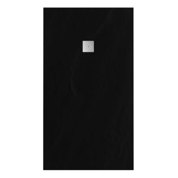 Tapo Relievo Crag douchebak 100x180 cm mat zwart met geborsteld RVS afvoerrooster