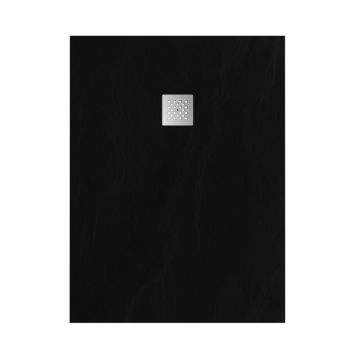 Tapo Relievo Crag douchebak 90x120 cm mat zwart met geborsteld RVS afvoerrooster