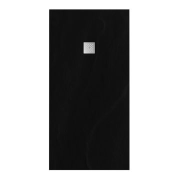 Tapo Relievo Crag douchebak 90&#215;180 cm mat zwart met geborsteld RVS afvoerrooster