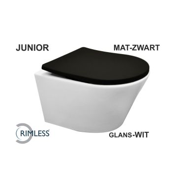 Wiesbaden Vesta junior wandcloset rimless verkort glans wit Shade slim toiletzitting softclose en quick release mat zwart