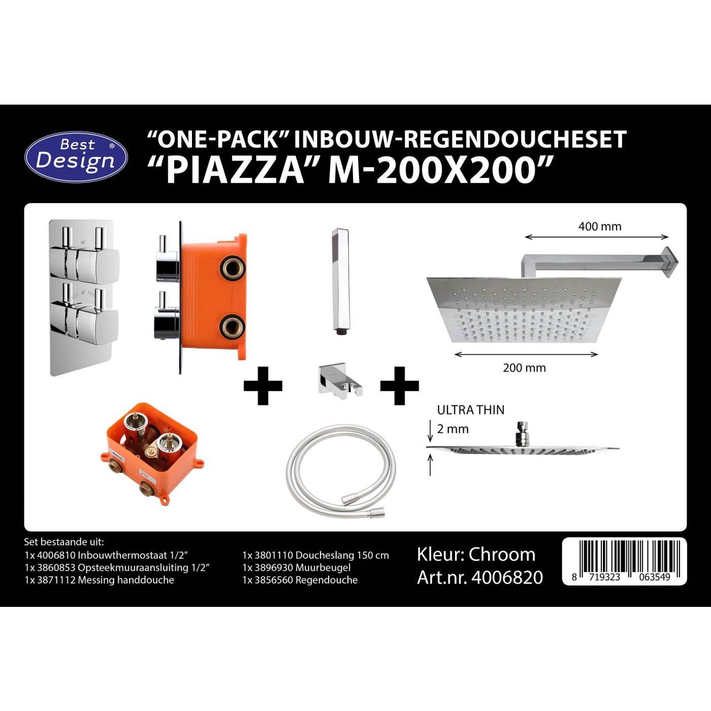 Best Design Piazza inbouw regendoucheset & inbouwbox M-200×200