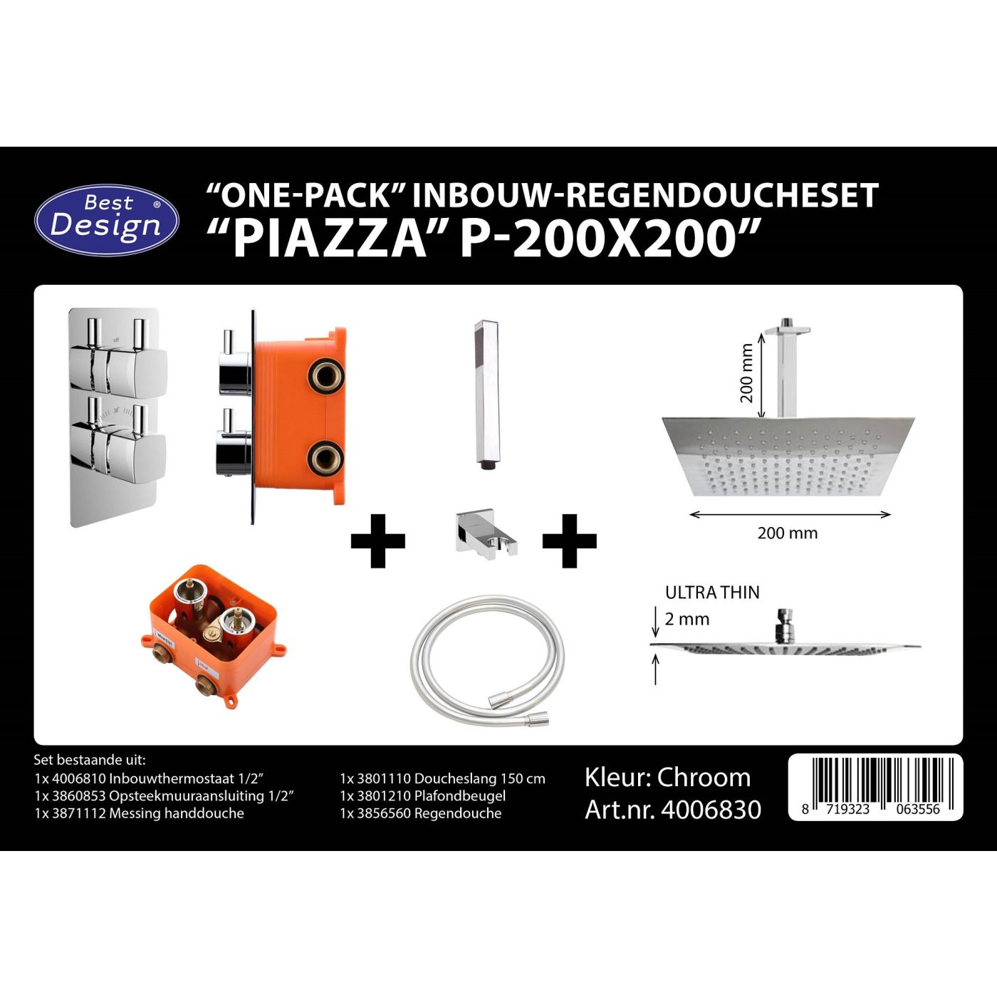 Best Design Piazza inbouw regendoucheset & inbouwbox P-200×200