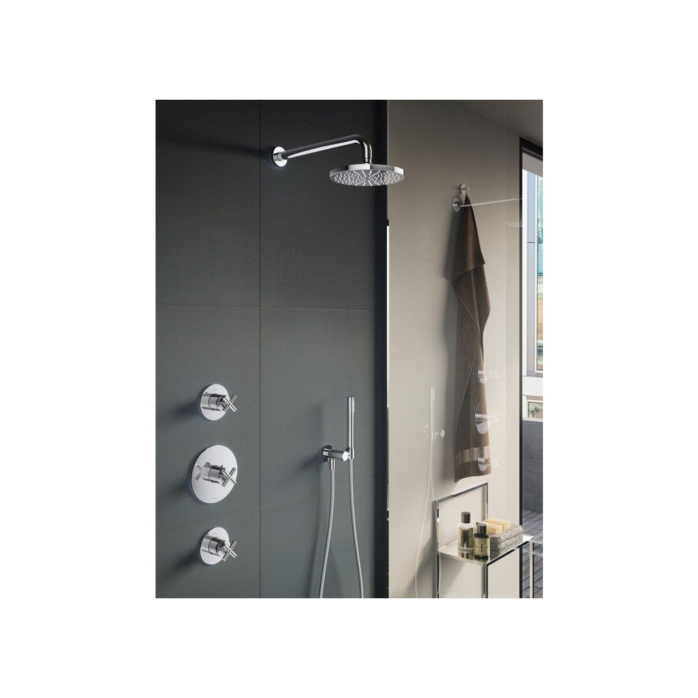 Hotbath Chap inbouw douche set met 2 stopkranen IBS3 geborsteld nikkel staafdouche plafondbuis 15cm douchekop 30cm (incl. glijstang)