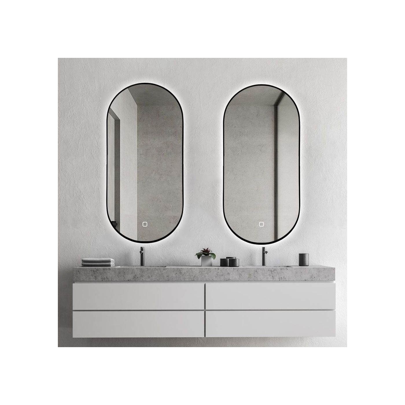 Saniclear Parma Black twee ovale spiegels met verlichting en verwarming 50x100 mat zwart