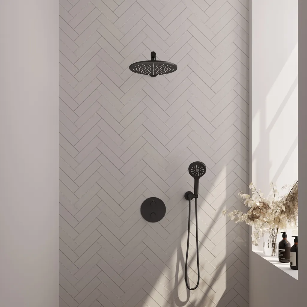 Brauer Black Edition thermostatische inbouw regendouche 3-weg rond SET 80 met 30 cm douchekop en rechte muurarm en 3-standen handdouche en doucheslang en wandaansluitbocht mat zwart