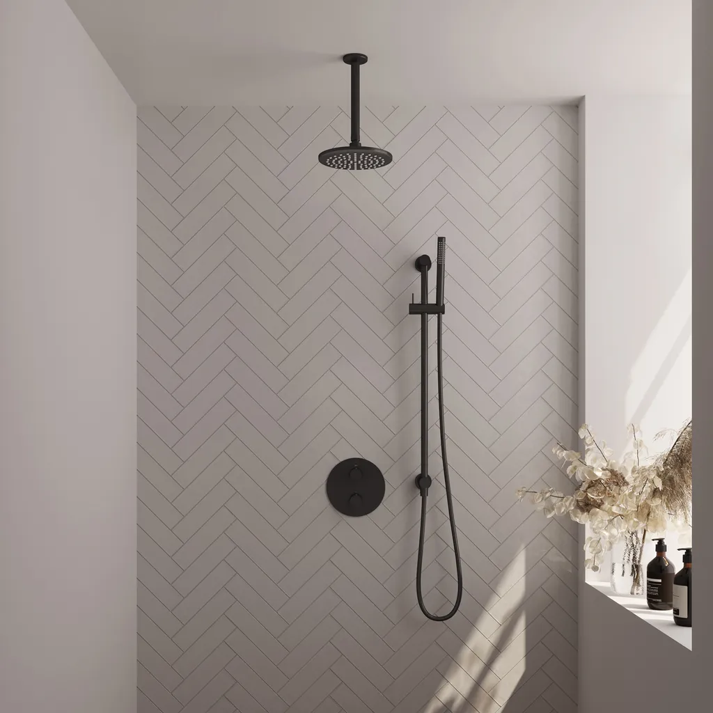 Brauer Black Carving thermostatische inbouw regendouche 3-weg rond SET 89 met 20 cm douchekop en plafondarm en staaf handdouche en doucheslang en geïntegreerde glijstang mat zwart