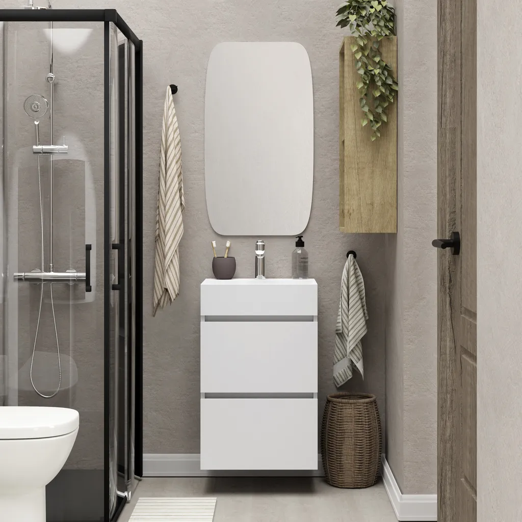 Xellanz Mini onderkast met 2 laden glans wit en wastafel keramiek glans wit 45 cm inclusief spiegel 2 Afbeelding 2 Xellanz Mini onderkast met 2 laden glans wit en wastafel keramiek glans wit 45 cm inclusief spiegel