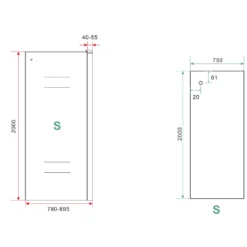 Lijntekening 1 Wiesbaden Side zijwand voor nis schuifdeur 800 x 2000 x 8 mm nano helder glas/mat zwart