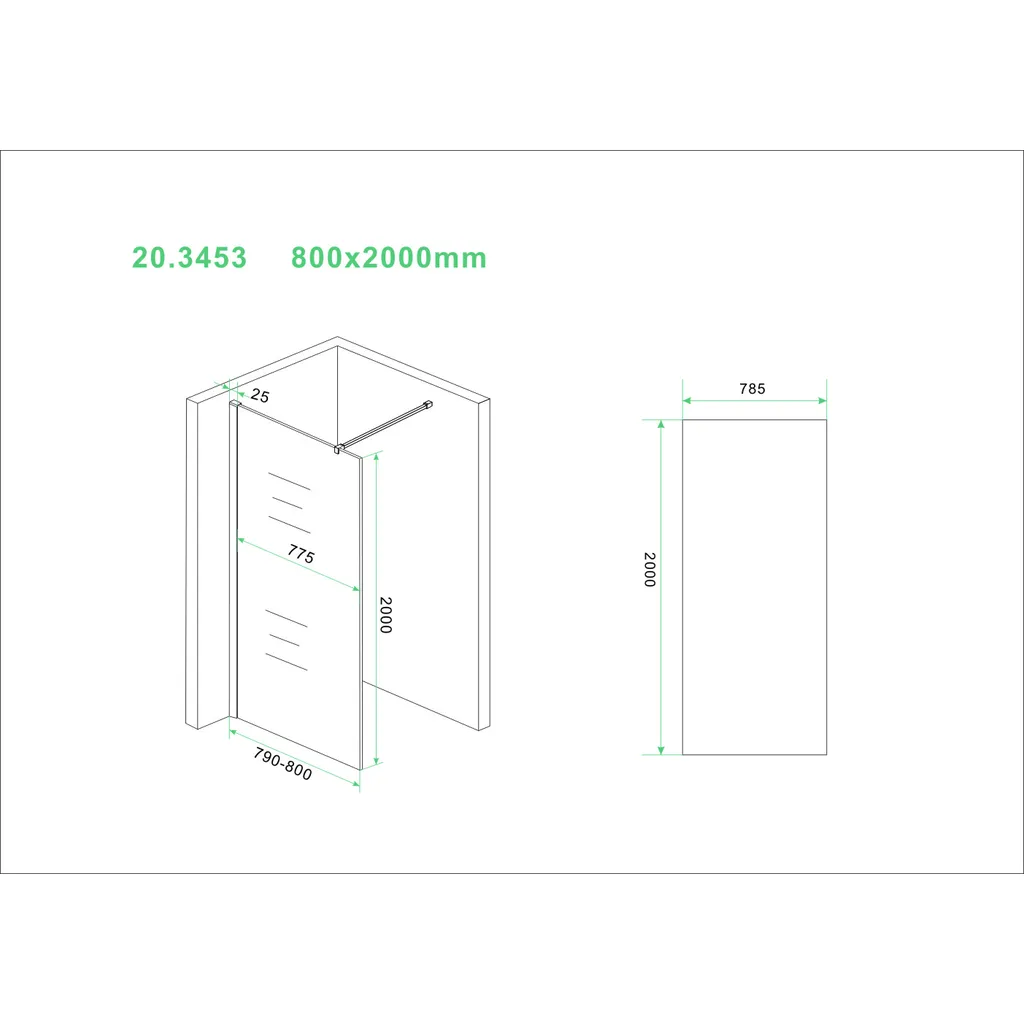 Lijntekening 1 Wiesbaden Slim glasplaat 800 x 2000 x 8 mm nano helder glas