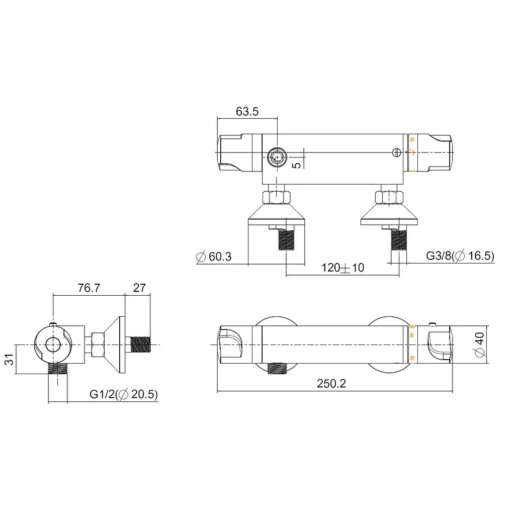 Lijntekening 1 Xellanz Universele thermostatische douchemengkraan 12cm chroom