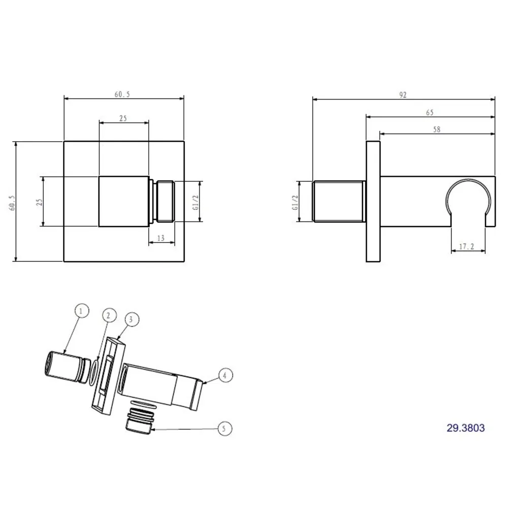 Wiesbaden Rombo wandaansluitbocht met handdouchehouder vierkant 1/2" mat zwart 2 Lijntekening 1 Wiesbaden Rombo wandaansluitbocht met handdouchehouder vierkant 1/2" mat zwart