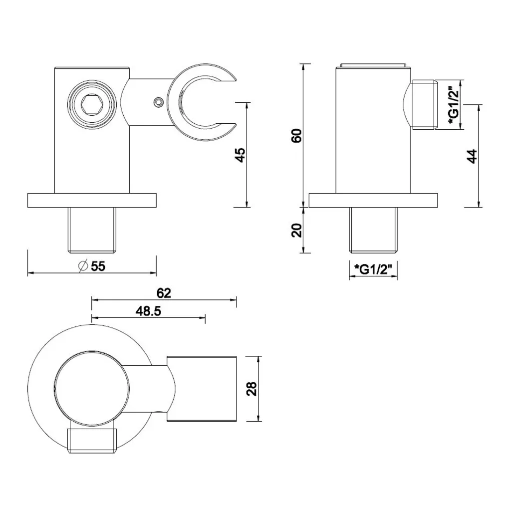 Lijntekening 1 Wiesbaden UniMatch wandaansluitbocht met kantelbare handdouchehouder rond 1/2" mat zwart
