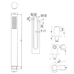 Lijntekening 1 Wiesbaden UniMatch handdoucheset met handdouche 3 standen Ø 12 cm, doucheslang en wandaansluitbocht gunmetal