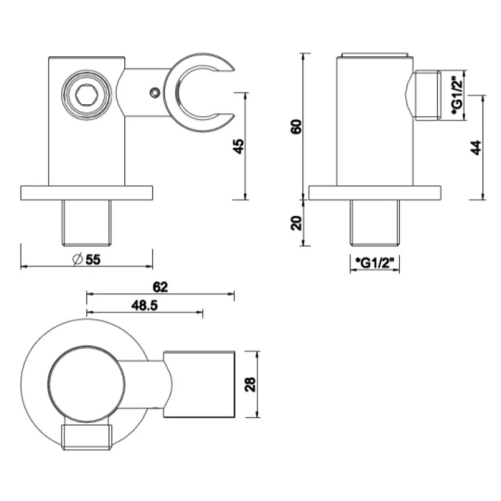 Lijntekening 1 Wiesbaden UniMatch wandaansluitbocht met kantelbare handdouchehouder rond 1/2" chroom