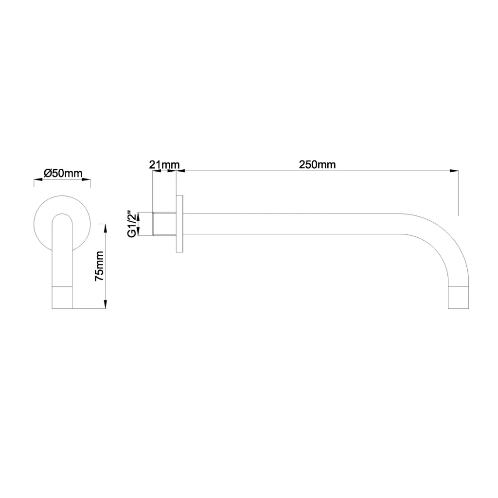 Lijntekening 1 Wiesbaden Slim 18mm uitloop rond 25cm 1/2" geborsteld staal