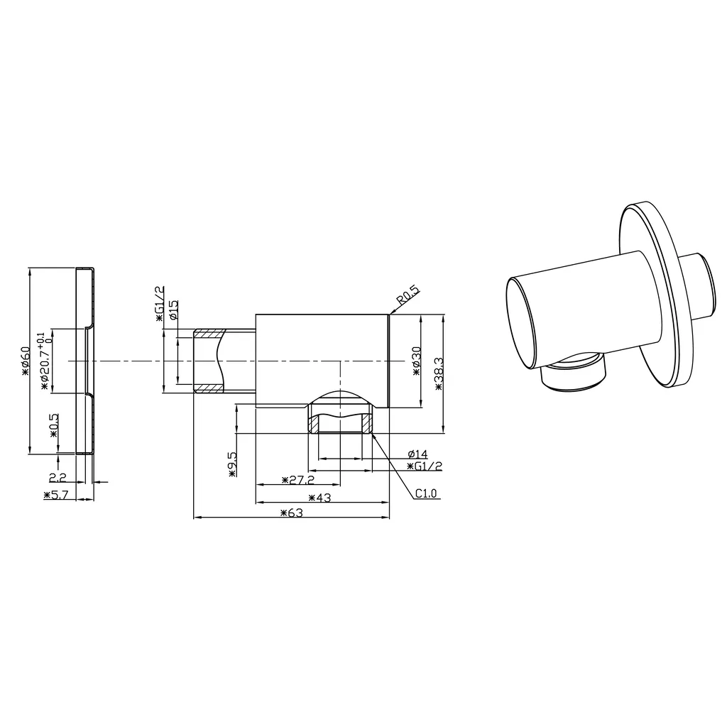 Lijntekening 1 Wiesbaden UniMatch wandaansluitbocht rond 1/2" gunmetal