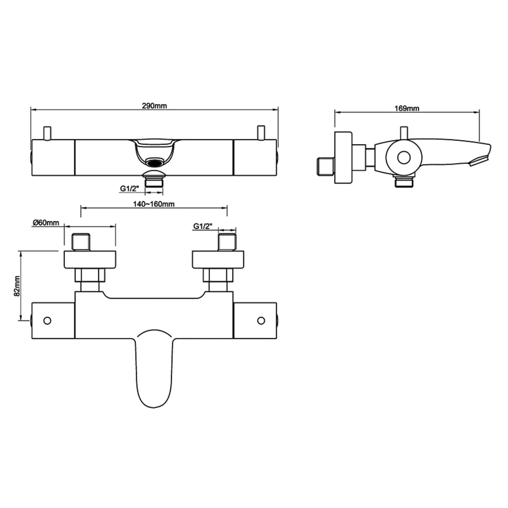 Lijntekening 1 Wiesbaden Caral thermostatische badmengkraan gunmetal