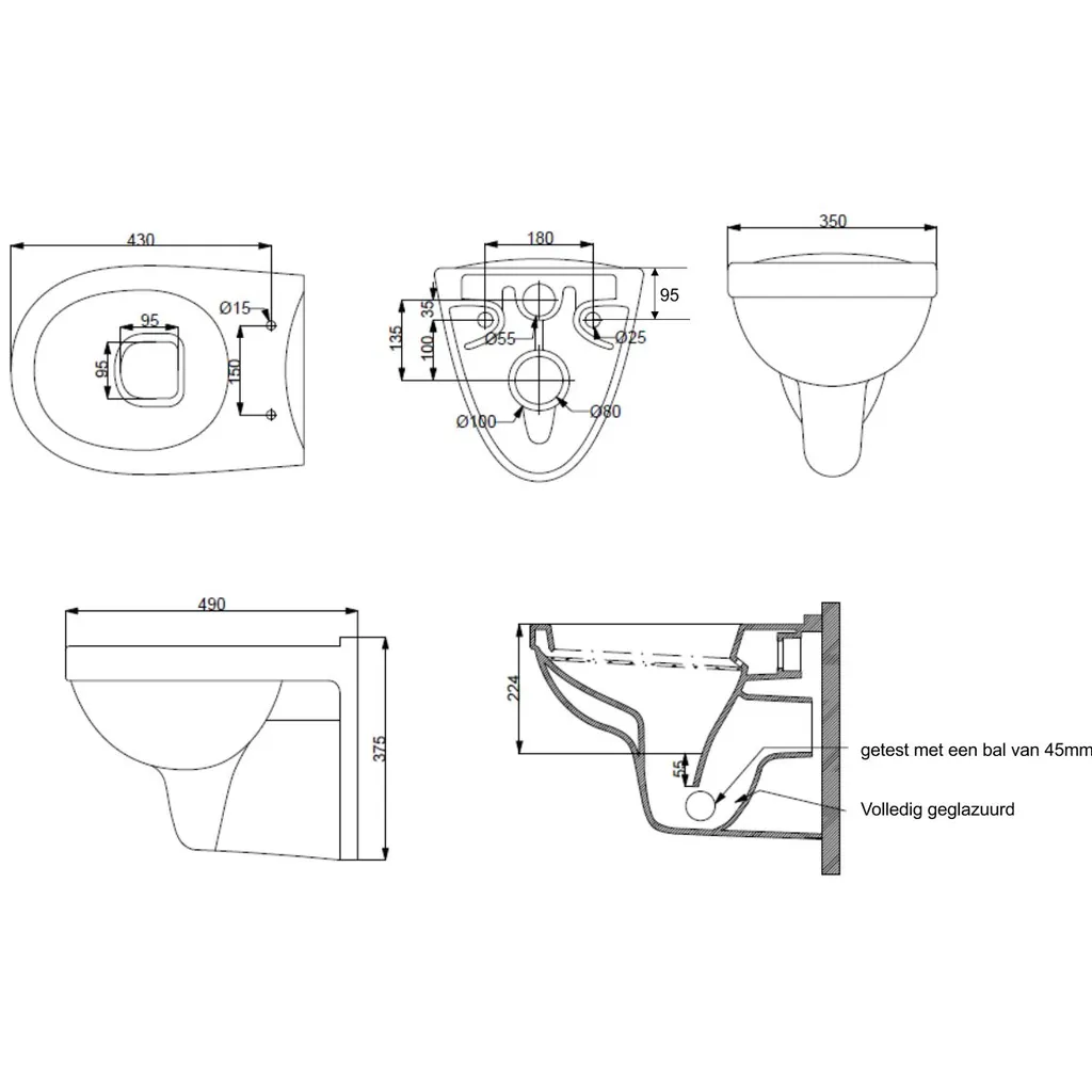 Lijntekening 1 Xellanz Trevi wandcloset verkort Kiwa glans wit