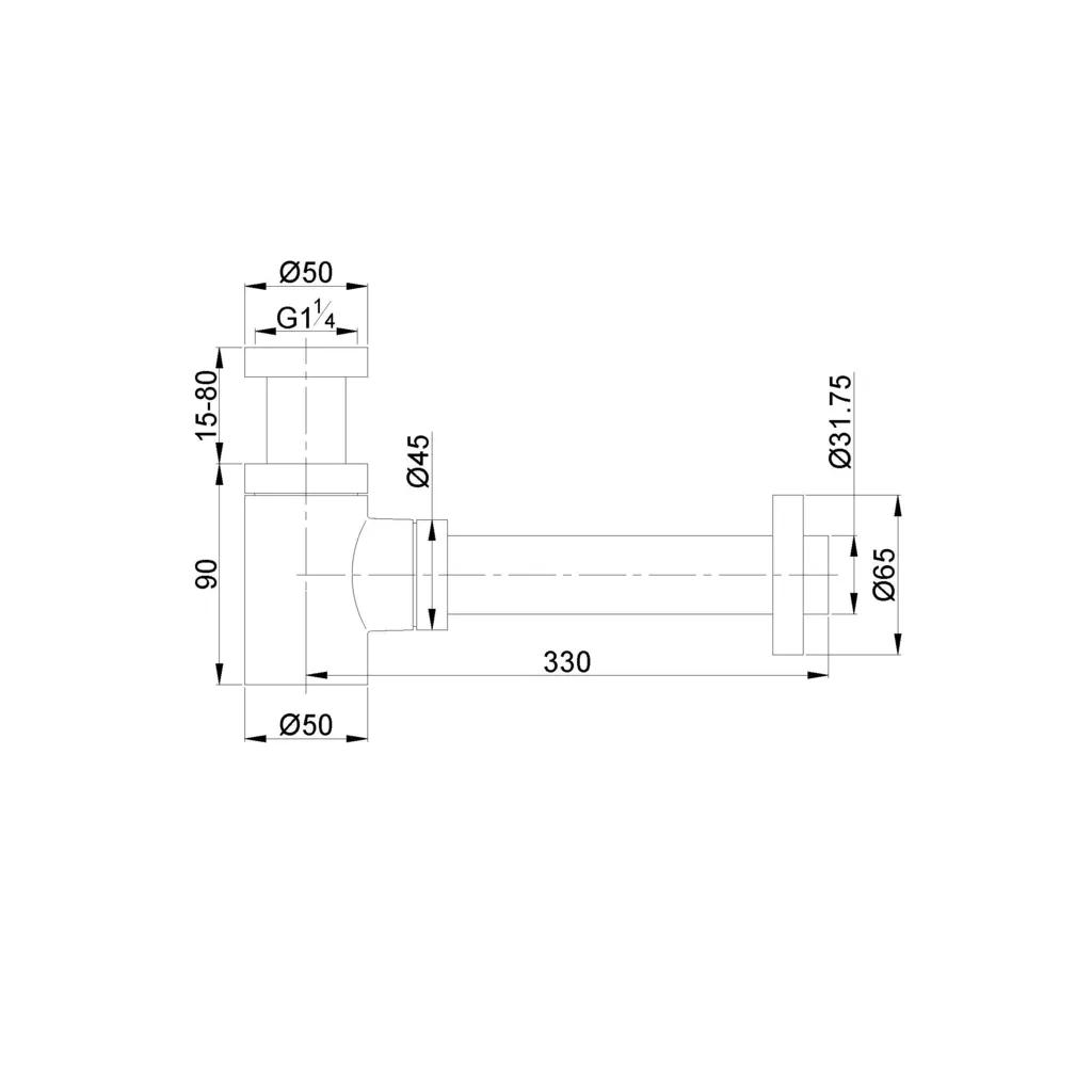Wiesbaden UniMatch fonteinsifon 5/4" x 32 mm mat zwart 2 Lijntekening 1 Wiesbaden UniMatch fonteinsifon 5/4" x 32 mm mat zwart