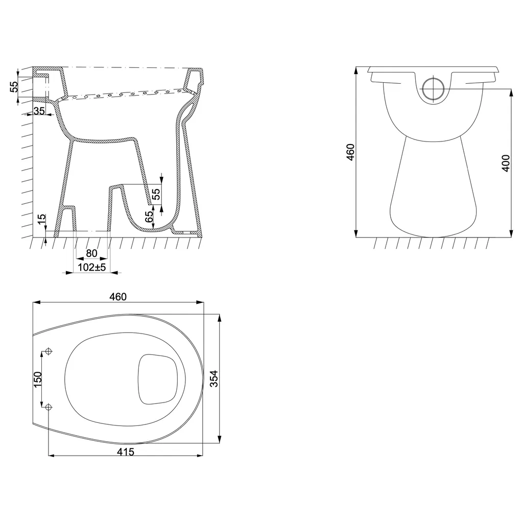 Lijntekening 1 Xellanz Toiletpot verhoogd staand AO 46 x 46 cm glans wit