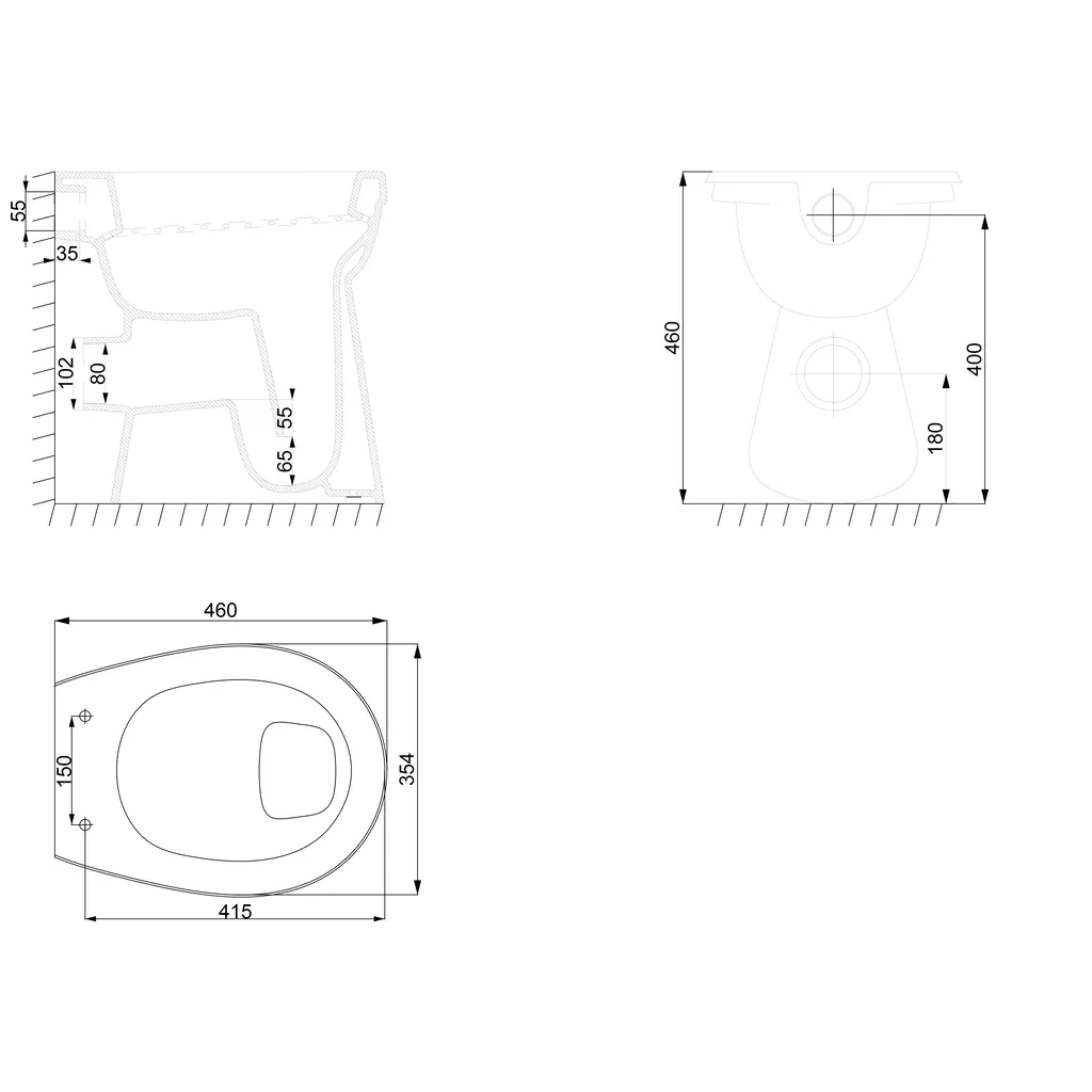 Lijntekening 1 Xellanz Toiletpot verhoogd staand PK 46 x 46 cm glans wit