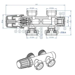 Lijntekening 1 Riko set thermostatisch onderblok recht mat zwart