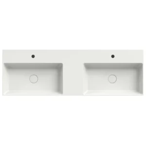 Afbeelding 1 Xenz Dolce keramisch wastafelblad 140 met 2 kommen en 2 kraangaten (141x46) wit mat