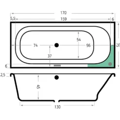 Maattekening 1 Xenz Aruba bad 170x75 antraciet, overloop andere kant
