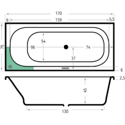 Maattekening 1 Xenz Aruba bad 170x75 antraciet, zonder overloop