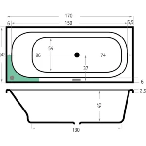 Maattekening 1 Xenz Aruba bad 170x75 ebony, zonder overloop