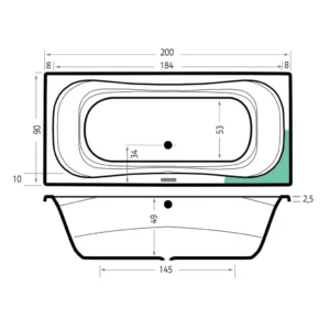 Maattekening 1 Xenz Nassau bad 200x90 wit