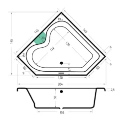 Maattekening 1 Xenz Cyprus bad 145x145 mat wit