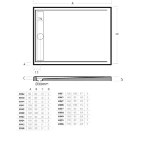Maattekening 1 Xenz Easy Tray douchevloer 90x90 pergamon