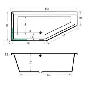 Maattekening 1 Xenz Society Compact Links bad 180x80 wit