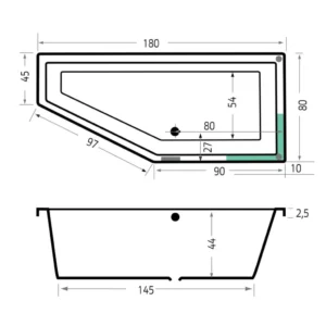 Maattekening 1 Xenz Society Compact Rechts bad 180x80 wit