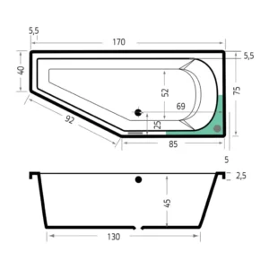 Maattekening 1 Xenz Lagoon Compact Rechts bad 170x75 wit