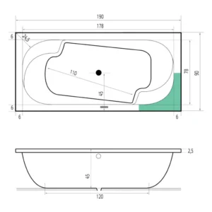 Maattekening 1 Xenz Parel bad 190x90 mat wit