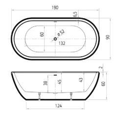 Maattekening 1 Xenz Rens 190x90x60 vrijstaand bad mat wit incl. sleuf overloop/afvoer mat wit