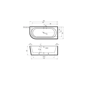 Maattekening 1 Xenz Charley R 180x80x60 hoekbad glans wit incl. sleuf overloop/afvoer glans wit