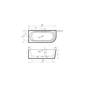 Maattekening 1 Xenz Charley L 180x80x60 hoekbad mat wit incl. waterval vulcombi mat wit