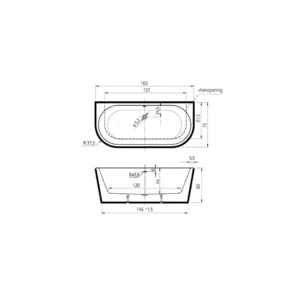 Maattekening 1 Xenz Charley 165x76x58 half-vrijstaand bad mat wit incl. waterval vulcombi mat wit