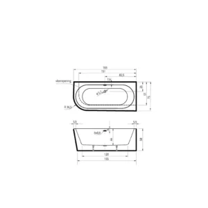 Maattekening 1 Xenz Charley R 165x75x58 hoekbad glans wit incl. sleuf overloop/afvoer glans wit