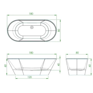 Maattekening 1 Xenz Mees 180x80x60 vrijstaand bad, mat zwart gelcoating incl. afvoer/overloop combinatie