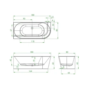 Maattekening 1 Xenz Milan 180x80x60 half-vrijstaand hoekbad links, zand mat gelcoating zonder afvoer