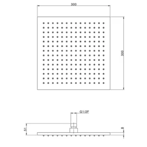 Maattekening 1 Xenz Pure - Regendouche vierkant messing 30x30 cm inox