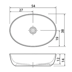 Maattekening 1 Xenz Neo-E Solid Surface waskom 54x38x14 Bicolor wit/grafiet